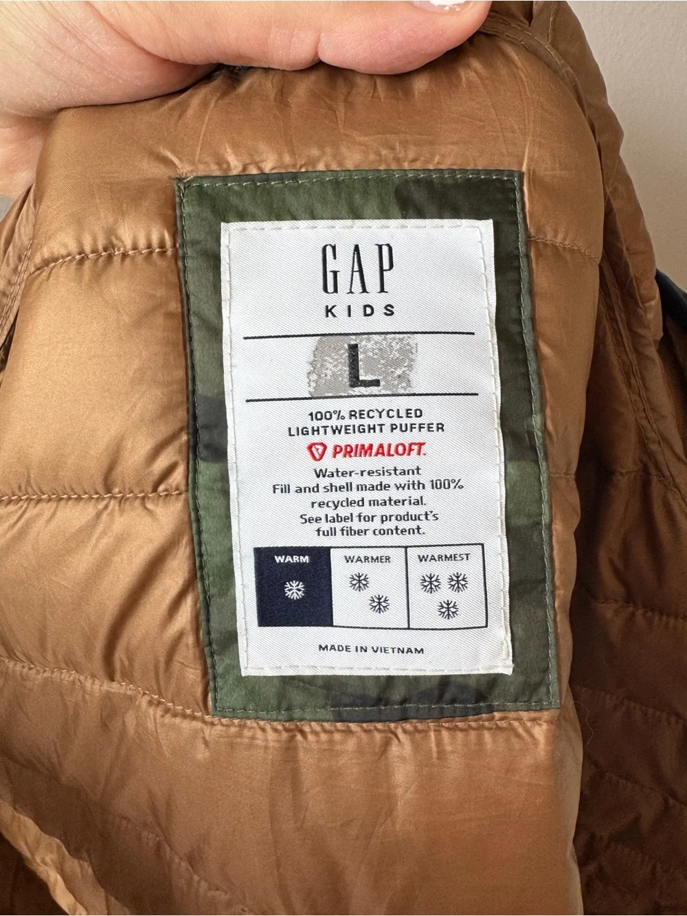 Gap Boys Green Camouflage Transition Lightweight Puffer Coat Jacket Size Large